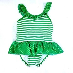 Toddler Green & White Striped Skirt Swimsuit